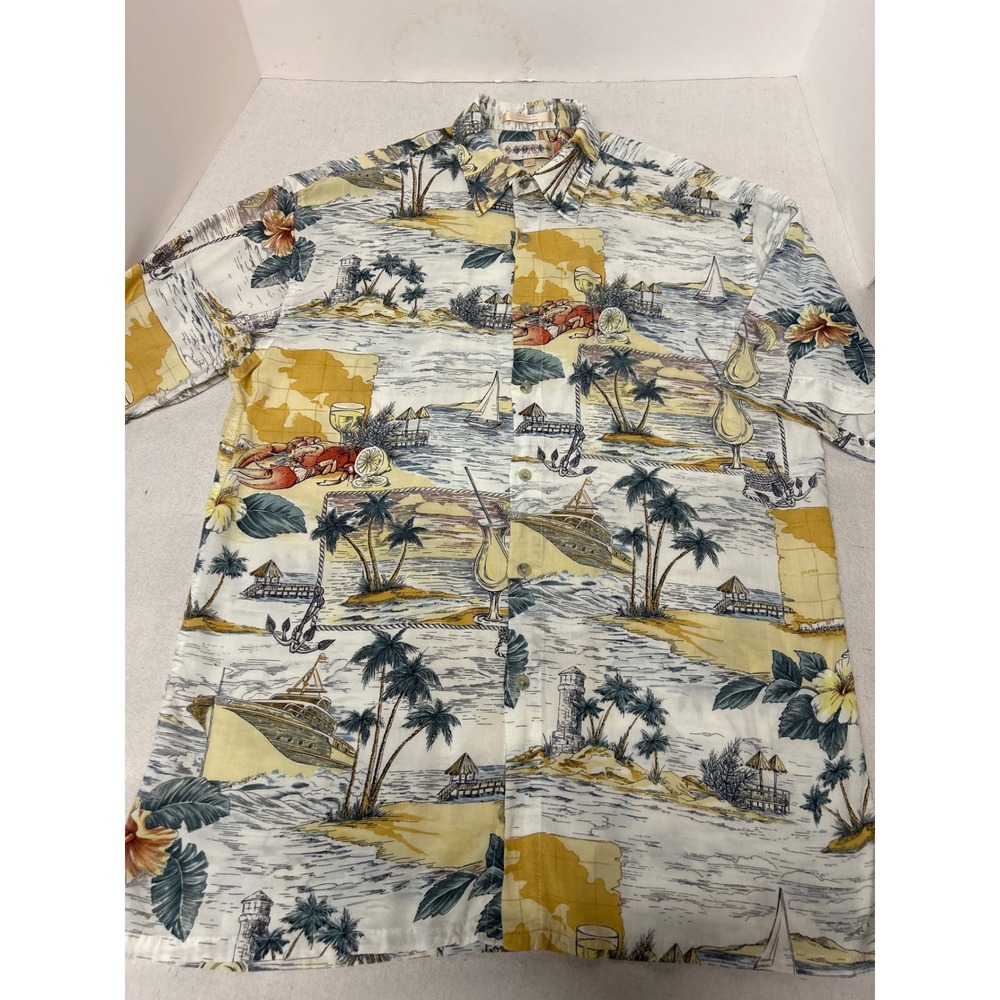 Vintage Campia Moda Mens Medium Tropical Island Cruise Print Short Sleeve Shirt‎